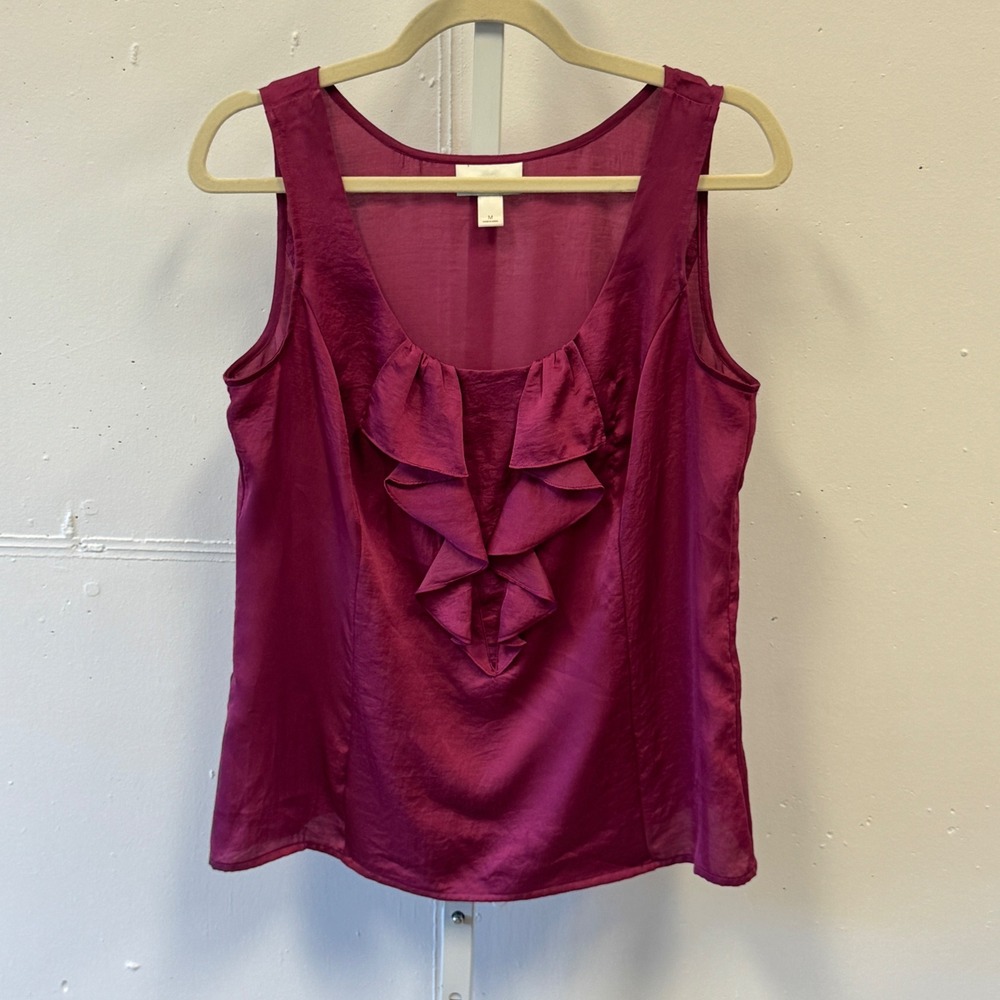 Ann Taylor LOFT Magenta Pink Ruffle V-Neck Sleeveless Blouse Top Size Medium